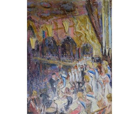 Harold Harris Jones (1908-1991) A framed oil on board, choir and orchestra playing in a grand hall, signed. 49x59cm 