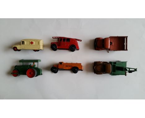TOYS, metal toys (mainly Dinky), inc. fire engines, ambulances, steam roller, tractor, dairy van, pickup truck, Royal Mail va