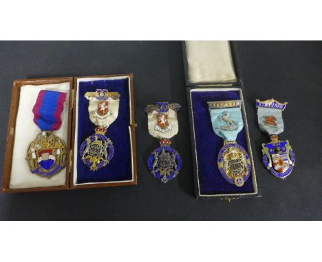 A collection of five silver and enamel Masonic jewel medals - all in good condition except 1934 Steward