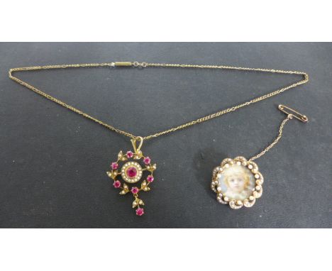 A Yellow Metal Brooch with a miniature portrait of a child to centre, surrounded by seed pearls, a Yellow Metal Pendant with 