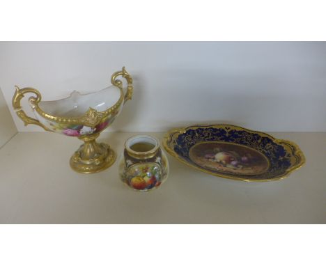 A Royal Worcester twin handled centre piece, 19 cm tall, a Royal Worcester fruit decorated pot - missing lid and a fruit deco