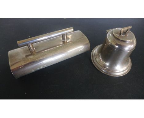 A Silver Desk Roller Blotter - London 1929/30 - 12 cm long and a bell shaped inkwell - Birmingham 1912/13, 6 cm tall, some de