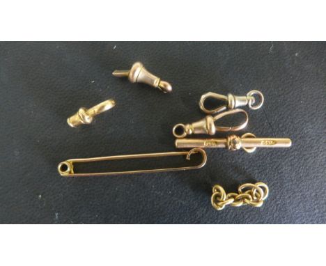 A 9ct Gold Tie Bar, two 9ct Watch Chain ends, approximately 6.5 grams, a part 18ct Watch Chain - approximately 3.3 grams and 
