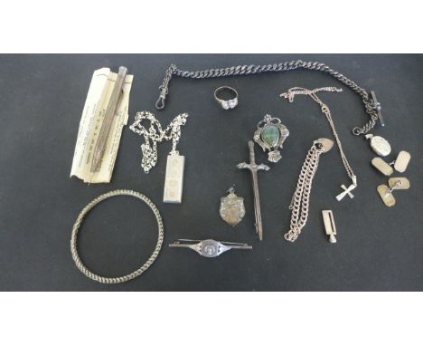 A selection of silver jewellery, items include ring, brooches, bangle, watch chain, pencil etc - varying conditions