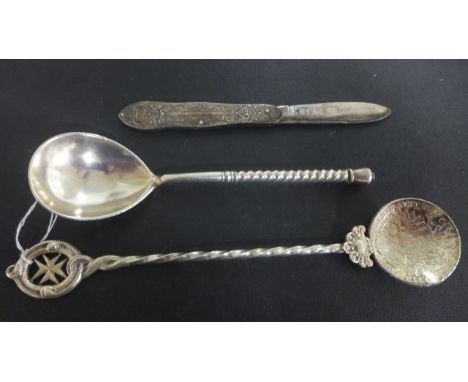 A Russian Silver Spoon with Foliate Enamel Decoration to underside of bowl, A Continental Silver Spoon with Coin Bowl with a 