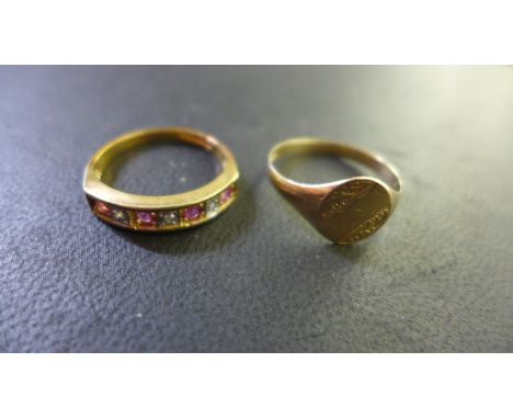 A 9ct yellow gold diamond and ruby ring - size O and a 9ct yellow gold signet ring, size R, total weight approximately 3.9 gr