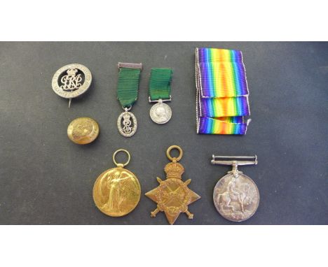 A WWI trio to 918 DVR and A SGT GH Gilderson HAC ART, A Victorian Volunteer miniature medal button and badge