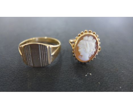 Two 9ct Yellow Gold Rings, one size W-X - Gentleman's signet ring, one size K - Ladies cameo ring, approx 6.9 grams - both ha