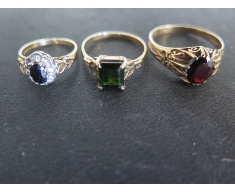 Three 9ct yellow gold rings sizes Z, R and J - total weight approx 9 grams - all reasonably good