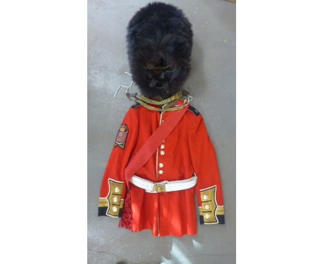 Scots Guards jacket, sash, belt and Bearskin, size 7 1/4, jacket chest 40 1/2, overall good condition
