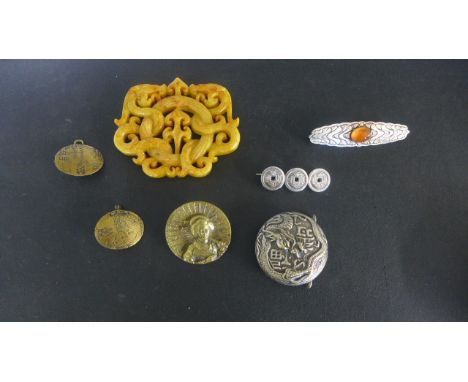 A carved Oriental Soapstone Pendant - 7.5 cm x 6 cm - a part Oriental buckle, small buckle, a button, a three coin brooch and