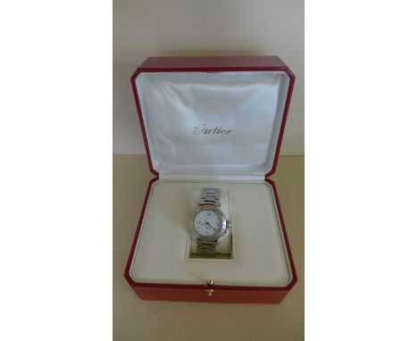 A Cartier Pasha Automatic Stainless Steel Wristwatch - with calendar and screw off button cap - 25mm dial, total width 40mm, 
