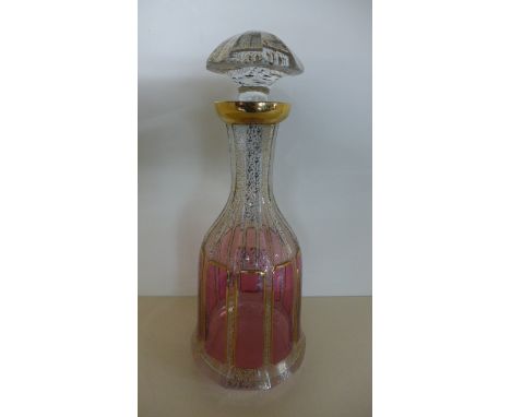 A Venetian glass decanter - blush pink to bottom with gilt highlights, 31cm high, 12cm diameter - in good condition