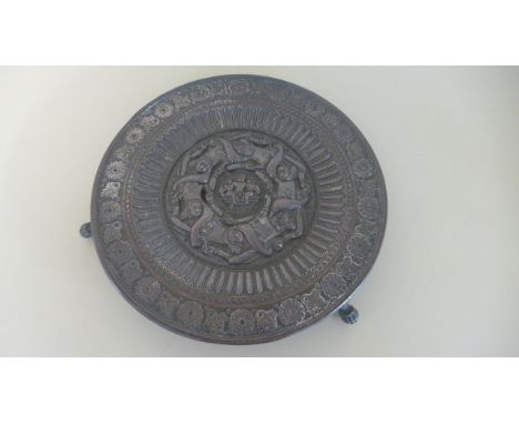 An Eastern Bronze Salver with Silvered Decoration - 24 cm diameter - good overall condition with nice patination 
