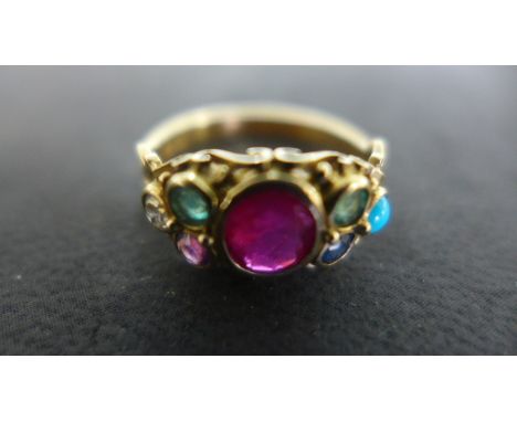 An 18ct Yellow gold Multi-Stone Dearest Ring, stones include diamond, two emeralds, amethyst, ruby, sapphire and turquoise, s