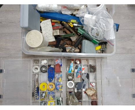 Large box containing miscellaneous tools, tape, screw bits etc