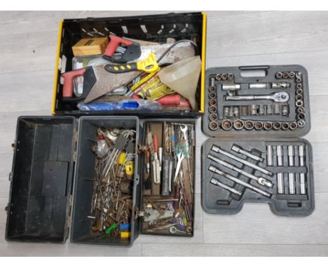 Box containing mixed tools together with tool box and contents includes saw, drill bits and ratchet set complete in case