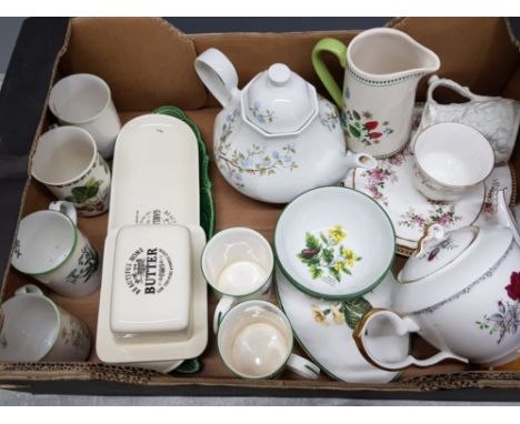 Box of mixed china pieces includes royal stafford teapot, royal Worcester herbs ware, vintage garlic bread and butter dish et