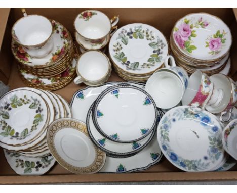 Box of part china tea sets includes 14 pieces of royal Albert old country roses, royal Worcester etc