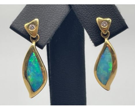 Ladies 18ct gold opal and diamond drop earrings