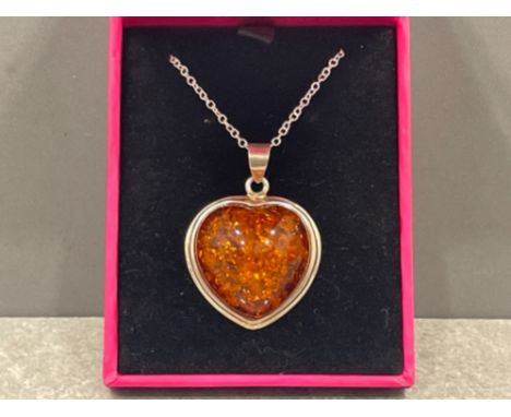Silver and amber style heart shaped pendant and chain