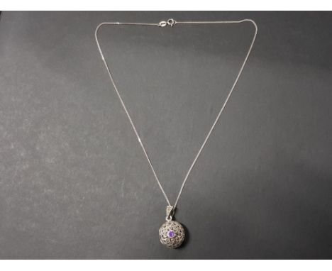 Silver, amethyst and marcasite round locket and chain, 11.3G gross