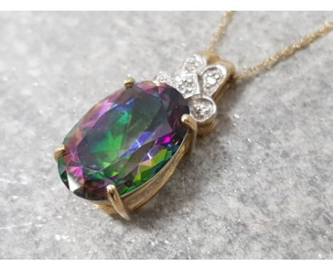 Mystic topaz and diamond pendant on 9ct gold chain