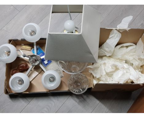 2 boxes containing Brass table lamp wih shade, ceiling 5 way light fitting, box of clear glass drinking glasses etc