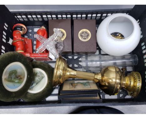 Crate of Misc includes oriental style bookends, brass oil lamp with shade and chimney plus glass plane the usa mustang