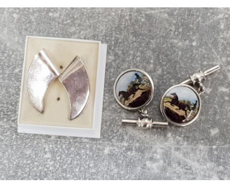 2 pairs of silver cufflinks, one pair enamelled depicting trotting horses