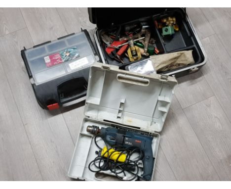 Large Antler hardcase containing mixed tools together with one other tool case and Bosch power drill with case