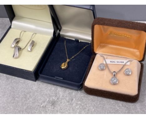 9ct gold coffee bean pendant and chain along with 2 sets of silver 925 pendant necklace and earrings