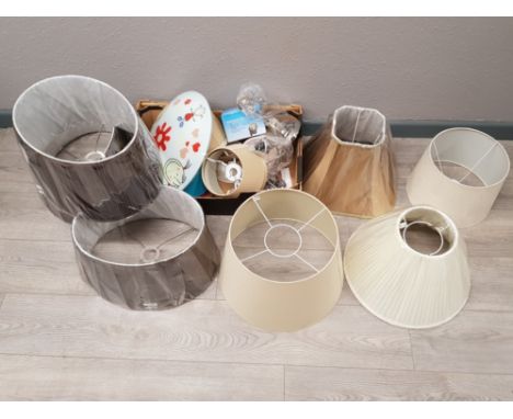 Large Quantity of table lamp shades and 2 metal wall light fittings