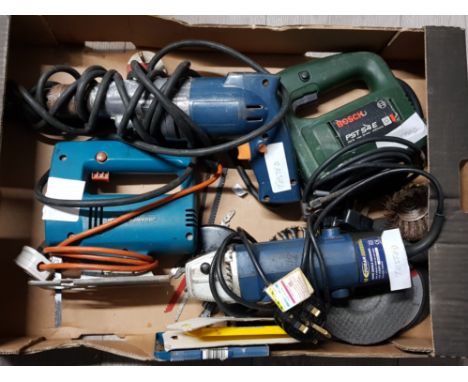 Box of electric power tools includes Cougar grinder, Bosch jigsaw etc