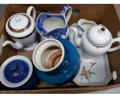 Box containing miscellaneous ceramic pieces to include royal Worcester evesham dish and prince regent teapot also includes de