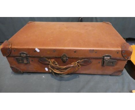 A Vintage Leather Suitcase, Catches and Strap AF. Monogrammed F.T.B. 71cm Wide. 