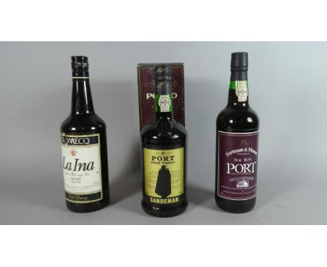 A Bottle of Sandeman "Fine Tawny" Port (75cl). A Bottle of Fortnum and Mason "Fine Ruby Port" (70cl) and a Bottle of Domecq "