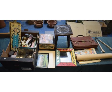 A Collection of Sundries to Include Reproduction Mirror, Stool, Vintage Tins, Cutlery, Vintage Bird Learning Posters, Shrewsb