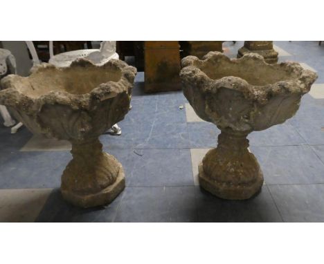A Pair of Reconstituted Stone Garden Urns with Scalloped Rims, 48cm Diameter, 51cm High. 