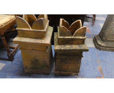 Two Vintage Terracotta Castellated Chimney Pots. 63cm and 58cm High. 