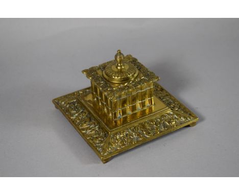 A Brass Square Inkwell with Relief Decoration and Complete with Ceramic Liner. 13cm Square. 