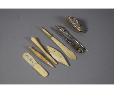 A Collection of Early 20th Century Silver Manicure Tools and Ivory Items Including Bookmark, Reel of Silk Etc. 