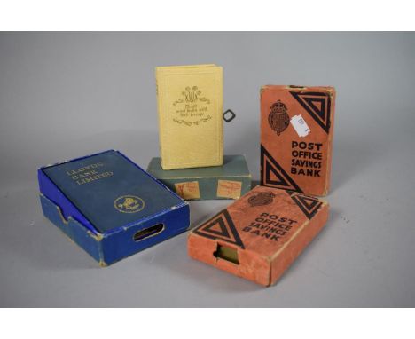 A Collection of Four Vintage Savings Boxes with Cardboard Sleeves and One Key. 
