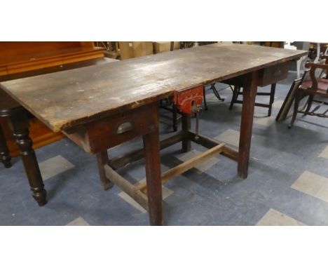 A Vintage Two Drawer Workbench with Vice, 183cm Wide. 