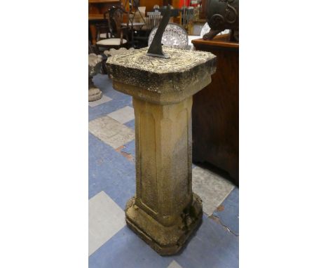 A Reconstituted Stone Sundial of Tapering Square Form with Metal Gnomon, 92cm High. 