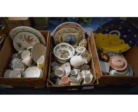 Three Boxes of Ceramics to Include Plates, Terracotta Planter, Tea and Coffee Wares, Delft Tiles, Adams Cornwall China Meat P