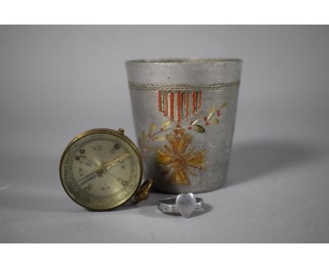 A Small Metal WW1 Cup Engraved with French Croix De Guerre and Inscribed "La Somme 1917" Together with Sweetheart Ring and Br