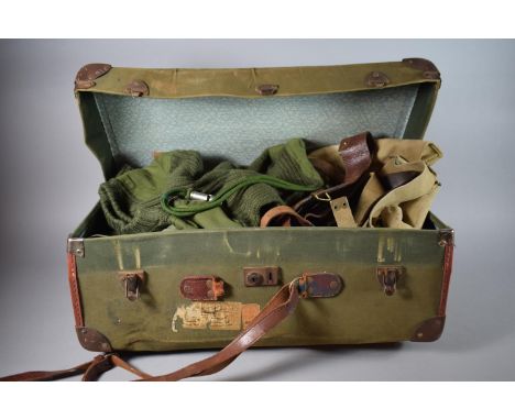A Vintage Canvas Case Containing Canvas Knapsack, Leather Irving Bros Glasgow 1915 Sam Brown, Green Jacket and Jumper, Alders