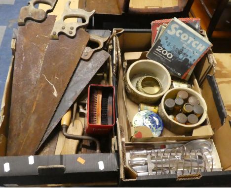 Two Boxes of Sundries to Include Vintage Tools, Carving Set and Salad Servers, Toast Rack, Tupton Pot Etc. 