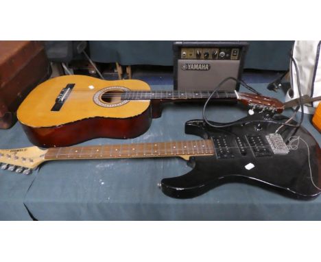 A Child's Yamaha Electric Guitar and Amplifier, Together with a Lorenzo Acoustic Guitar. 